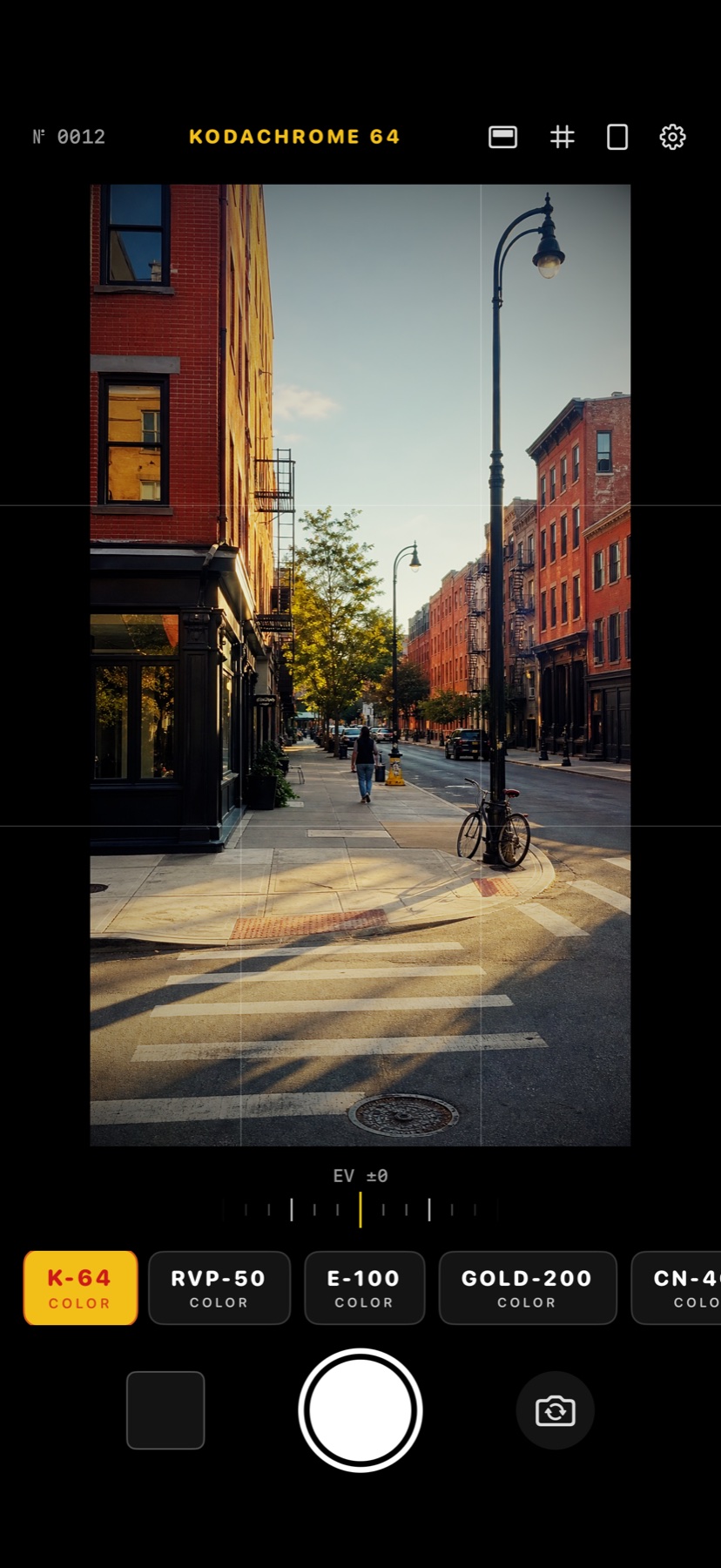 StreetFrame camera showing a warm K-64 film look live in the viewfinder